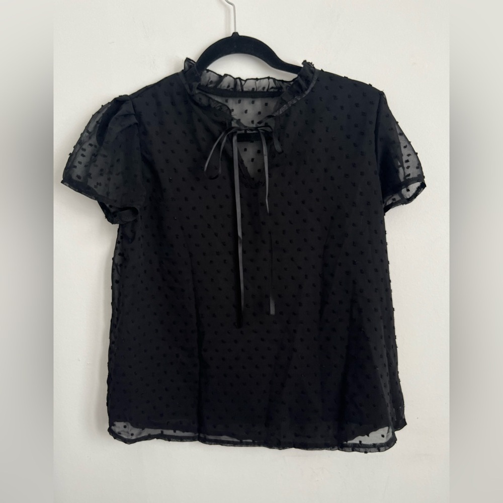 SHEIN Women Bow Elegant Black Sheer Puff Short Sleeve Blouse Medium